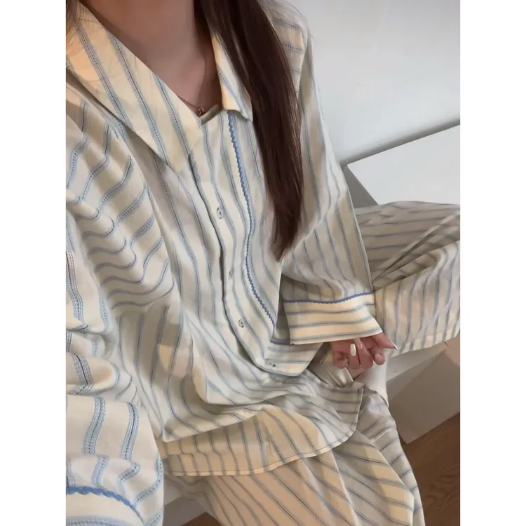 2025新款睡衣女春秋韩版ins风甜美简约撞色条纹长袖家居服套装
