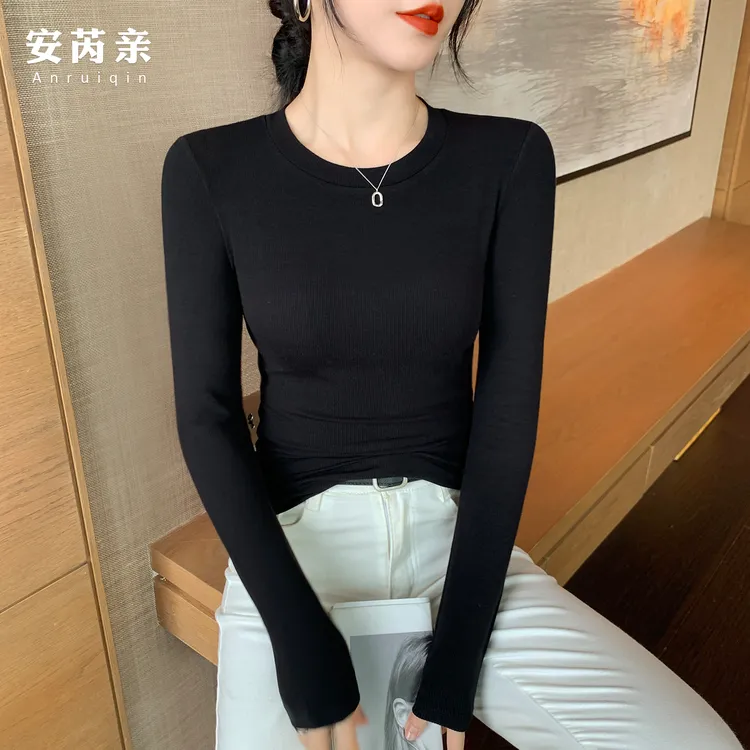 小圆领长袖打底衫女内搭秋冬季新款修身洋气针织螺纹正肩上衣T恤