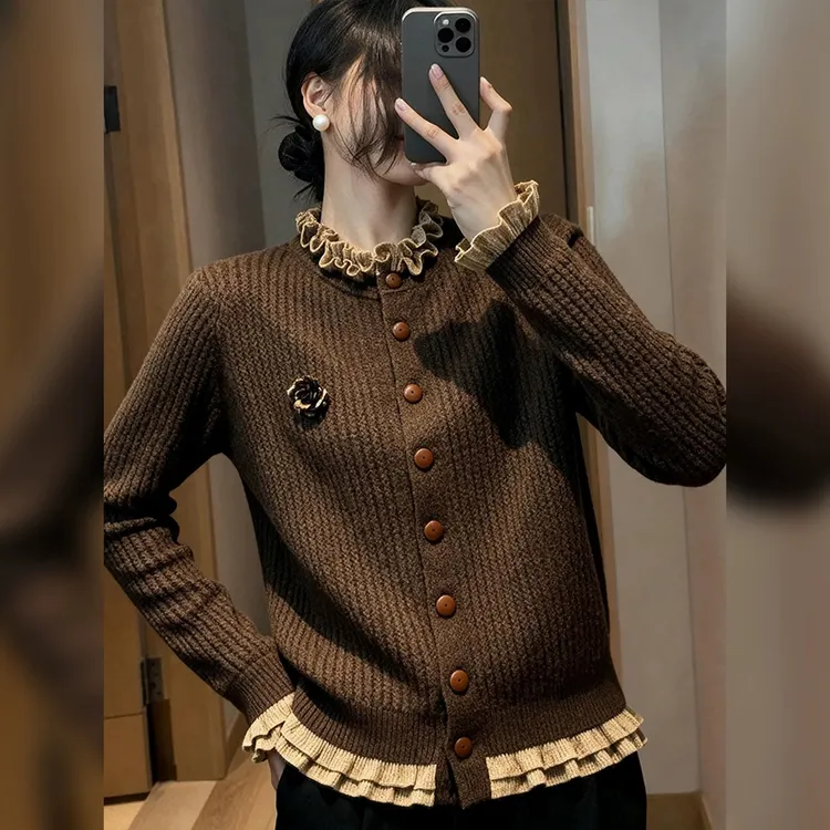 秋冬新款咖色木耳边针织开衫女慵懒风高级感洋气显瘦内搭减龄上衣