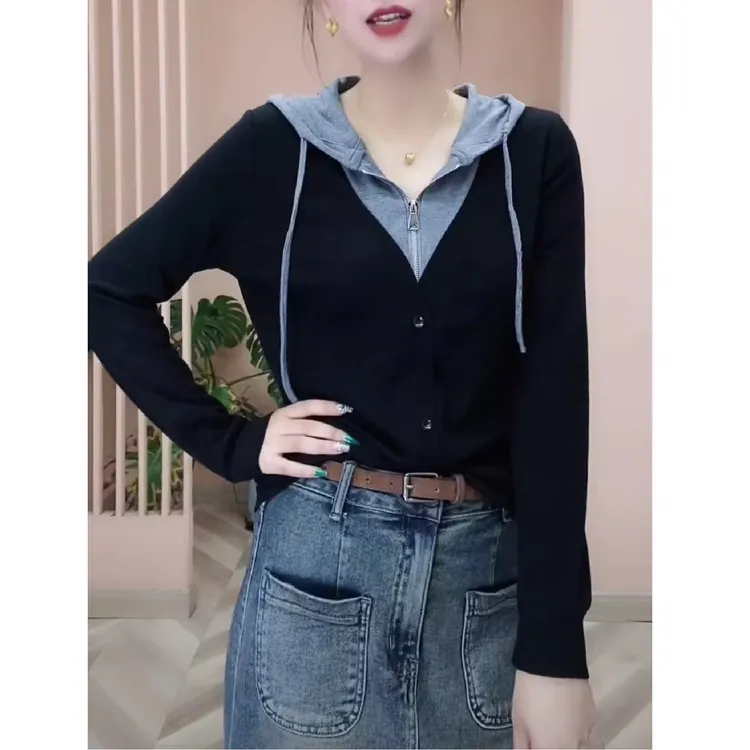 设计感假两件T恤上衣女春秋季2025新款韩版百搭气质连帽时尚卫衣