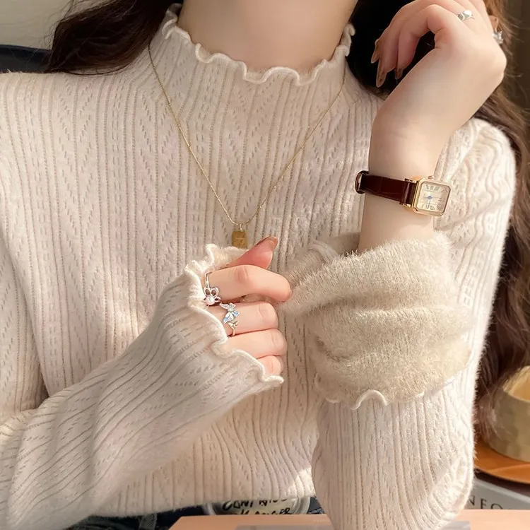 加绒加厚半高领木耳边打底针织衫女毛衣纯色秋冬内搭修身上衣长袖