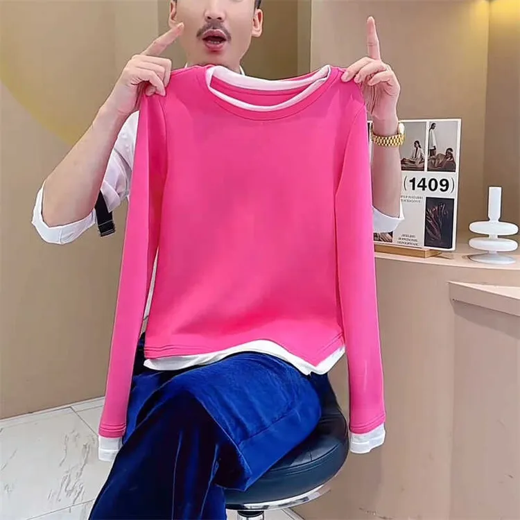 简约通勤假两件设计感长袖T恤女2025秋季新款小众洋气圆领上衣潮