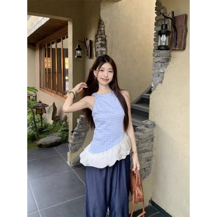 不规则网纱拼接格子吊带上衣下摆荷叶边背心女