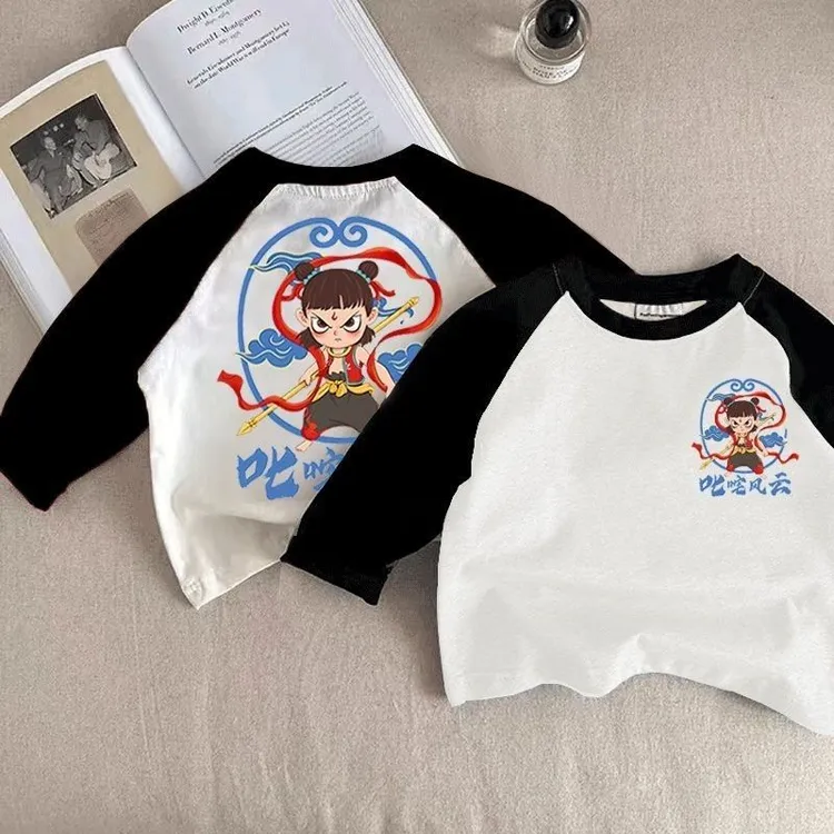 儿童纯棉长袖T恤男童女童打底撞色拼接宝宝洋气中大童欧若风上衣