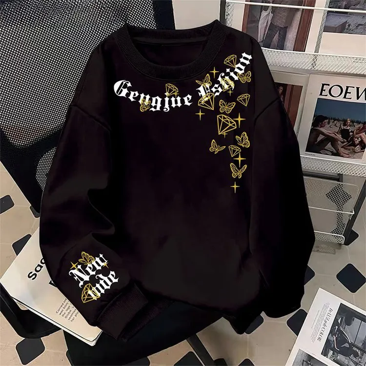 潮流卫衣圆领慵懒时尚秋冬款宽松oversize加绒加厚青少年通勤上衣