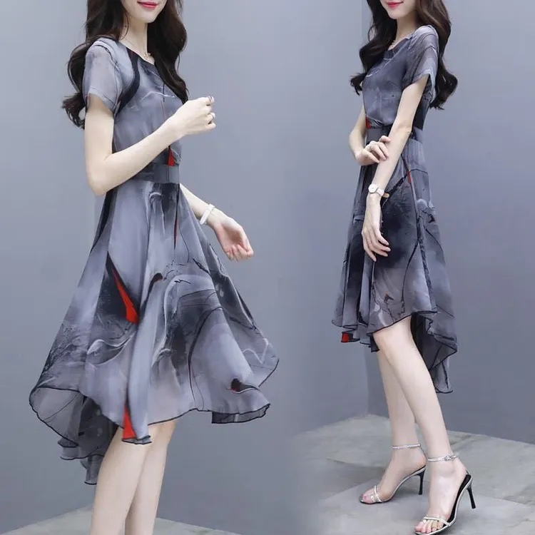 【相约达汇】夏天新款连衣裙女短袖修身显瘦印花仿雪纺飘燕尾裙仙女