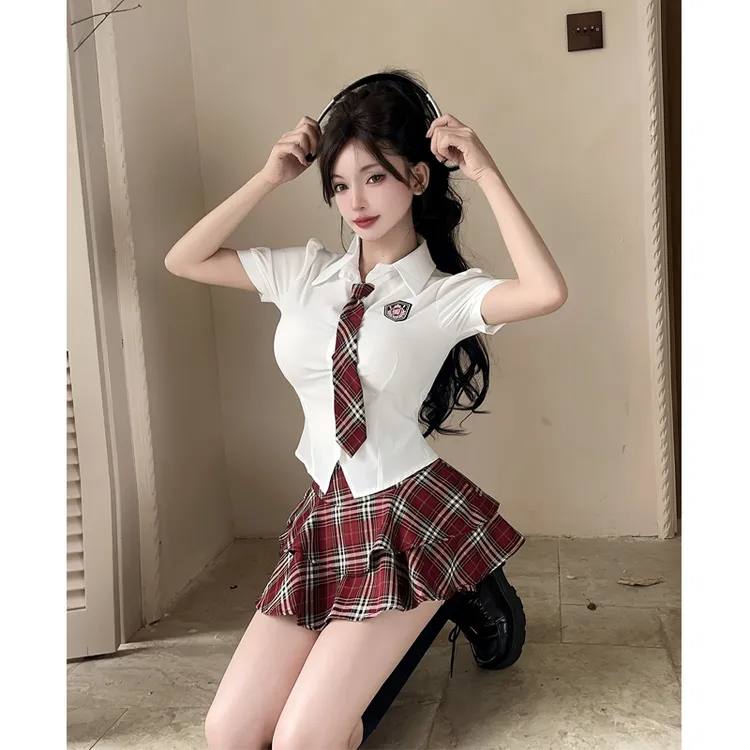 美式jk制服套装夏季学院风衬衫短袖纯欲甜美显瘦格子半身裙两件套