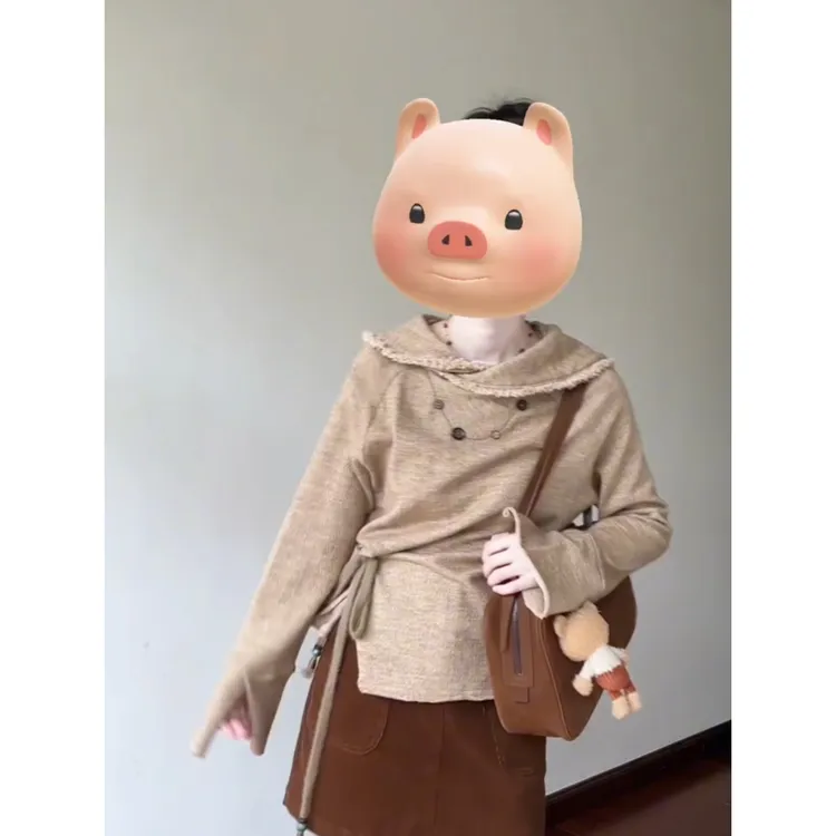 春秋法式娃娃领荷叶边系带收腰不规则下摆长袖温柔风针织上衣卫衣