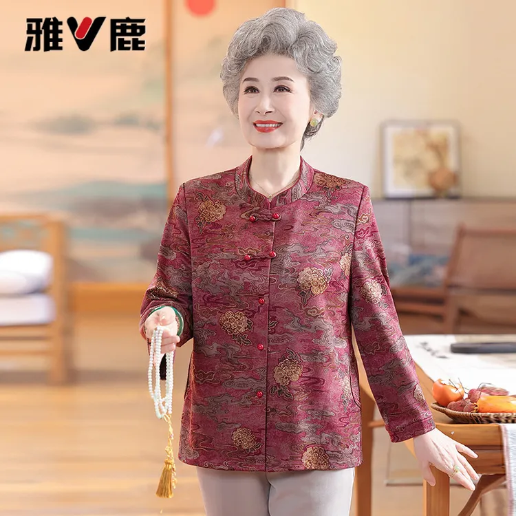 雅鹿优选老年人秋装女长袖衬衫国风新中式妈妈装春秋天宽松薄外套