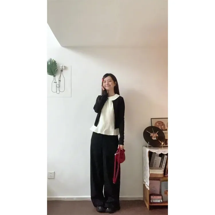 甜美风减龄娃娃领修身无袖背心叠穿短款针织开衫女高腰阔腿裤套装