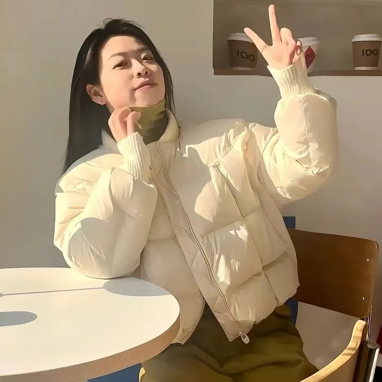 棒球领棉服女短款2025冬季米白螺纹针织拼接加厚面包服棉服