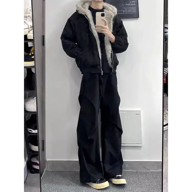 cleanfit黑色褶皱西裤男款秋冬季美式高街vibe裤子垂感休闲直筒裤