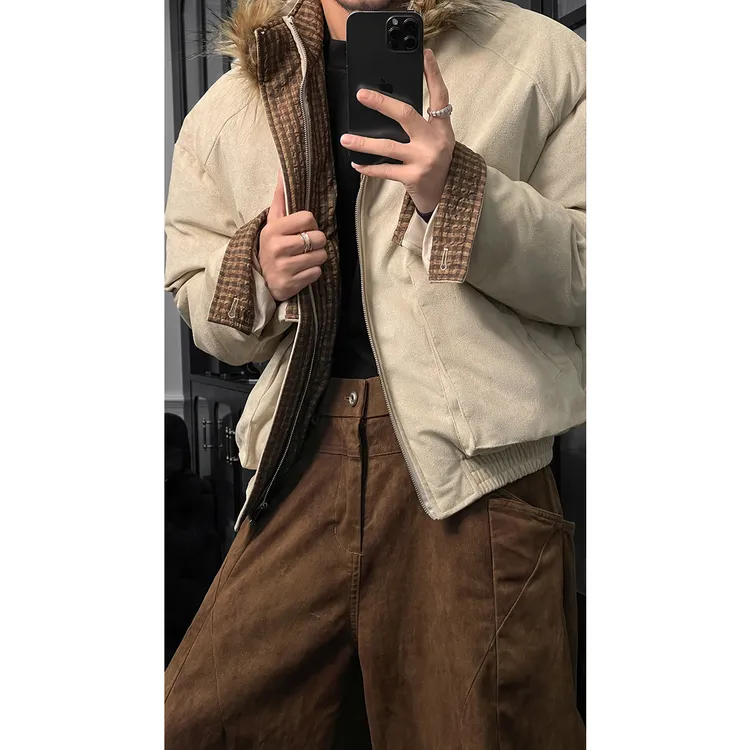 龙叨叨秋冬新品美式复古格纹可拆卸毛领宽松加厚百搭夹克外套