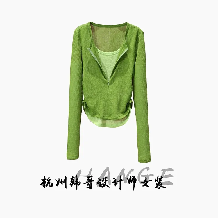 【韩哥女装】2025时装周秀场款碧山绿撞色拼接收腰修身皮肤衣8830