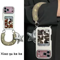 简约皮纹卡包白棕底镜面發字适用iPhone17pro手机壳苹果16pro新15