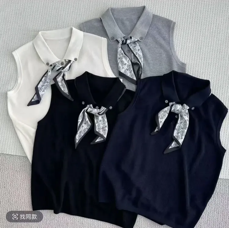 (送丝巾)新款韩版百搭修身显瘦女时尚翻领针织无袖上衣5175