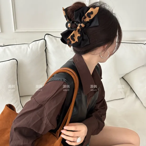 大号不规则豹纹～秋冬甜酷咖色系撞色加大号不规则豹纹蝴蝶结抓夹