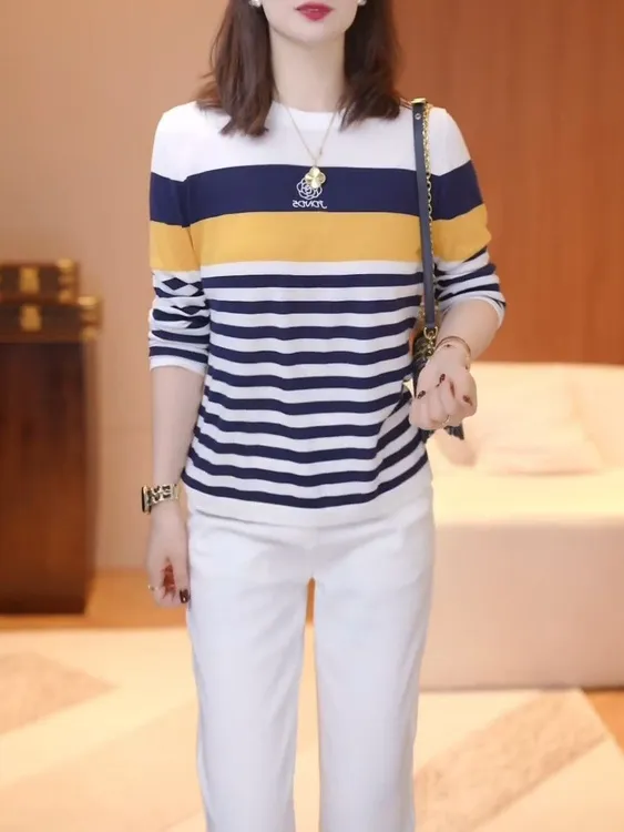 天丝+桑蚕丝气质减龄休闲百搭条纹针织衫女宽松显瘦长袖打底上衣