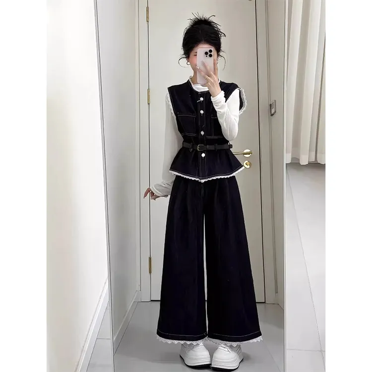 2025春夏新款高级感牛仔套装女长袖打底蕾丝拼接马甲阔腿裤三件套