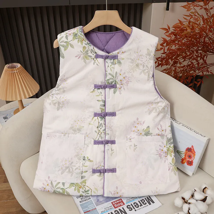 新中式棉花马夹保暖坎肩中式国风印花无袖提花女新中式棉马甲