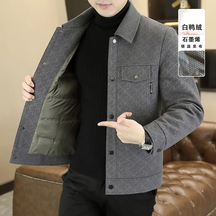 高档男士冬季翻领羽绒毛呢大衣时尚潮流保暖短款呢子外套男装8352