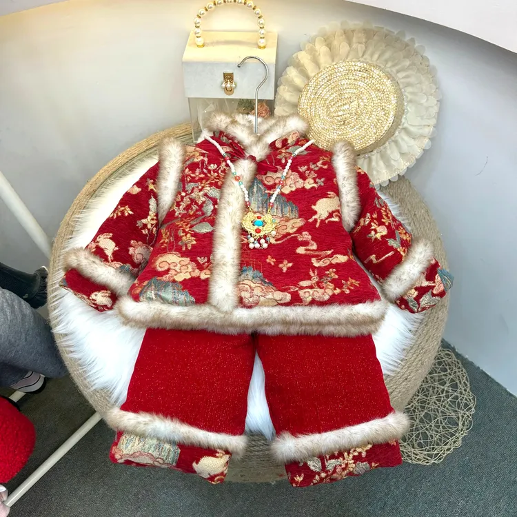 拜年服女童国风加厚套装汉服喜庆新年装女宝宝新中式唐装两件套