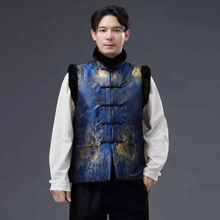 新中式复古棉马甲秋冬加棉毛领高档无袖坎肩保暖背心男女唐装马褂