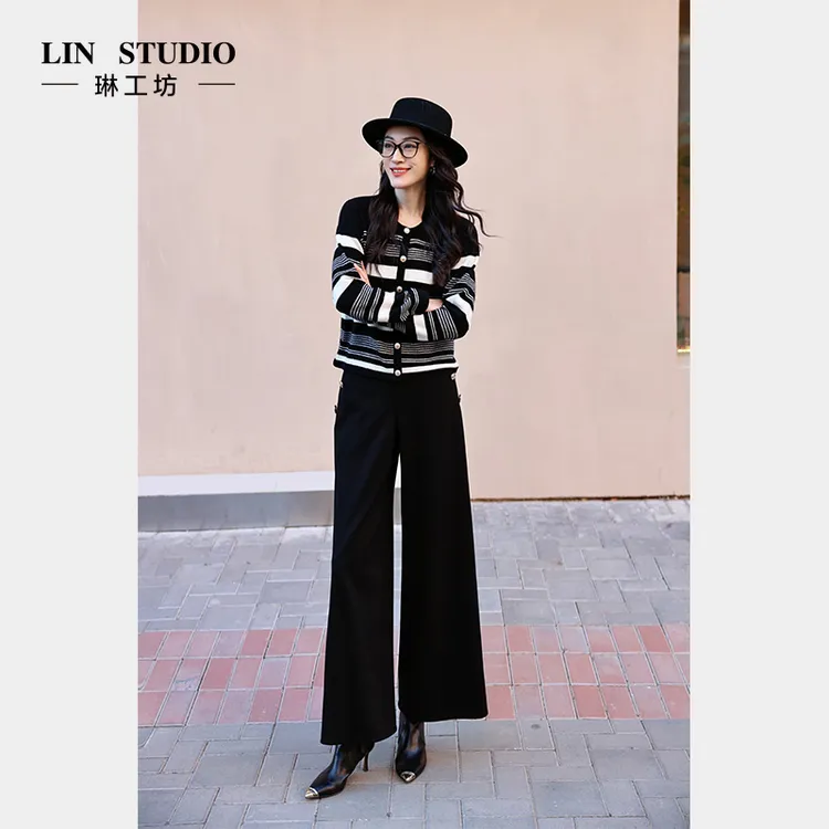【加厚版裤子】琳工坊“息羽”黑色阔腿裤气质干练时尚通勤显瘦唐琳