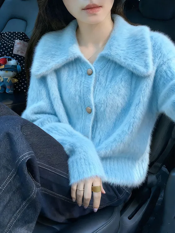 韩系设计感气质减龄蓝色翻领针织衫2025秋冬新款时尚百搭毛衣上衣