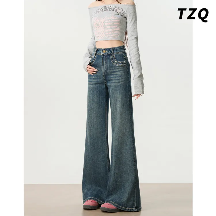 复古铆钉微喇阔腿牛仔裤女爆款2025秋季高腰遮肉遮胯不贴腿喇叭裤