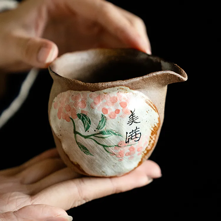 德白手绘老岩泥公道杯中式粗陶分茶器复古柴烧茶具小容量茶海匀杯
