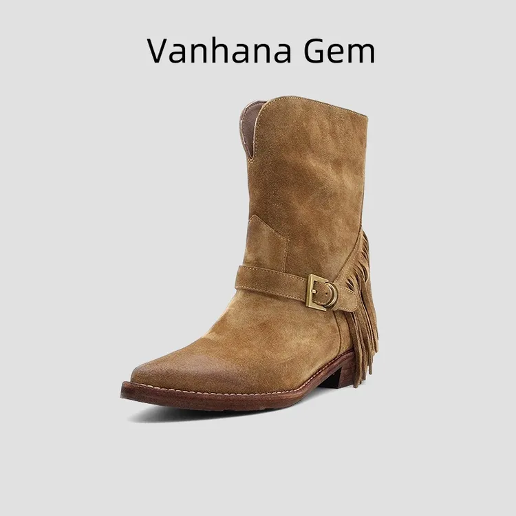 VANHANA GEM时装靴潮流做旧时尚骑士靴复古流苏尖头靴休闲中筒靴