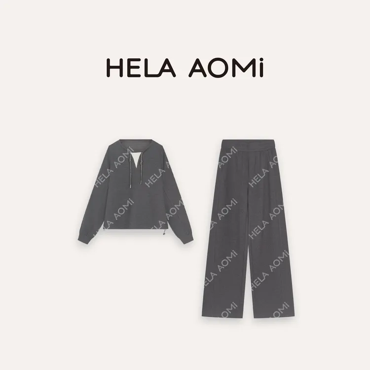 HELA AOMI “云朵绒套装”绵羊毛桑蚕丝撞色领抽绳套装CY5CM99575