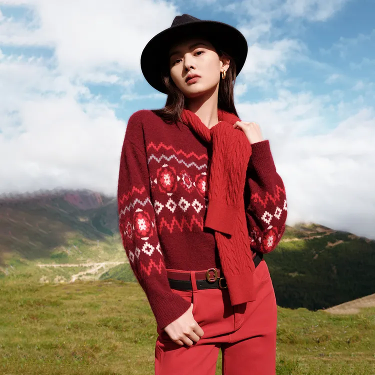 EP雅莹早秋新款女装 牦牛绒混纺质感圆领提花套头针织衫9579A