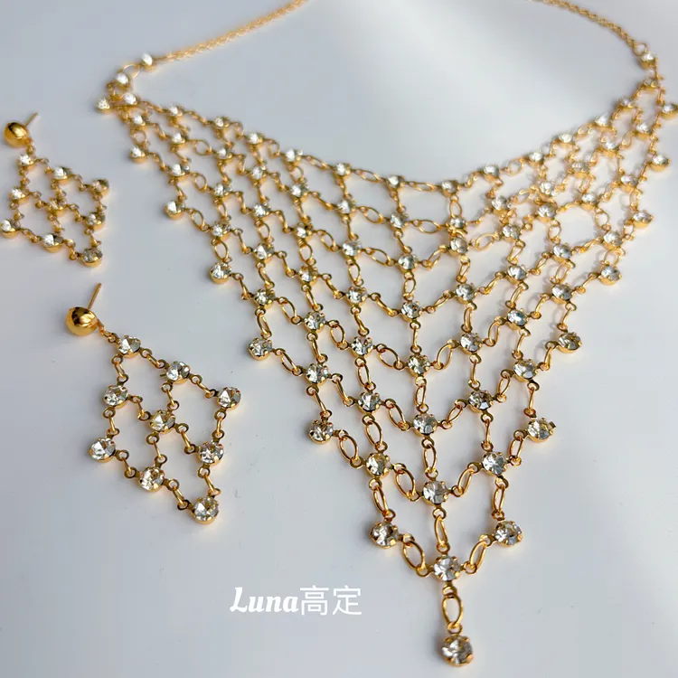 铜合金合成锆石项链 Luna定制0516网状浅金色时尚个性两件套