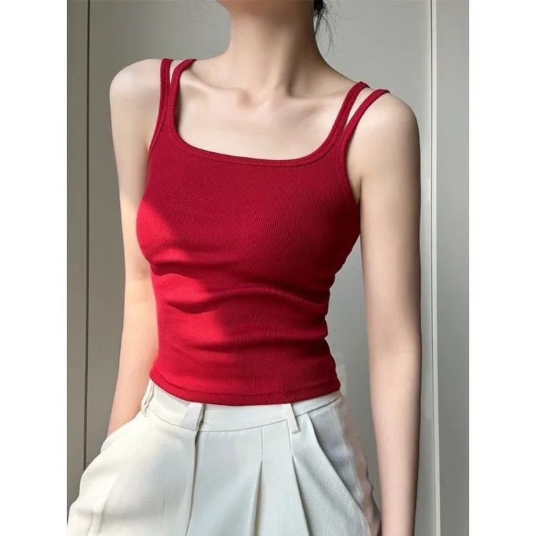 红色美式吊带背心内搭女夏外穿美背打底修身短款紧身辣妹无袖上衣
