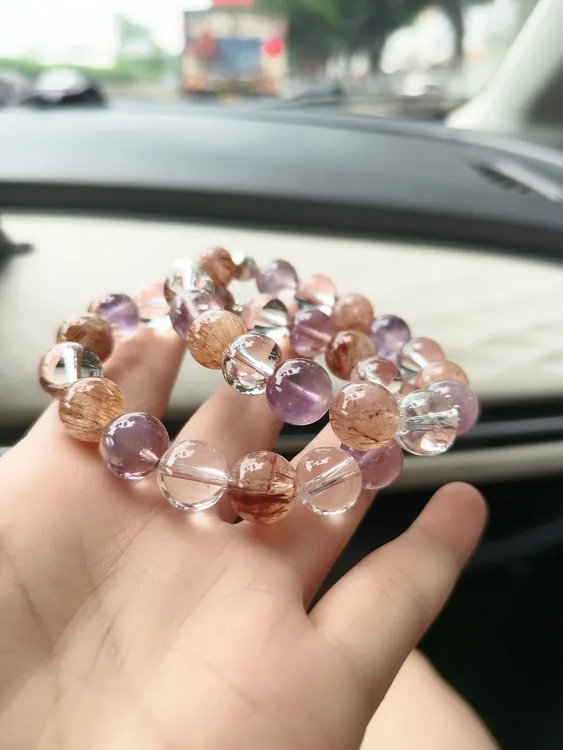 黑金超紫兔毛白水晶DIY手串