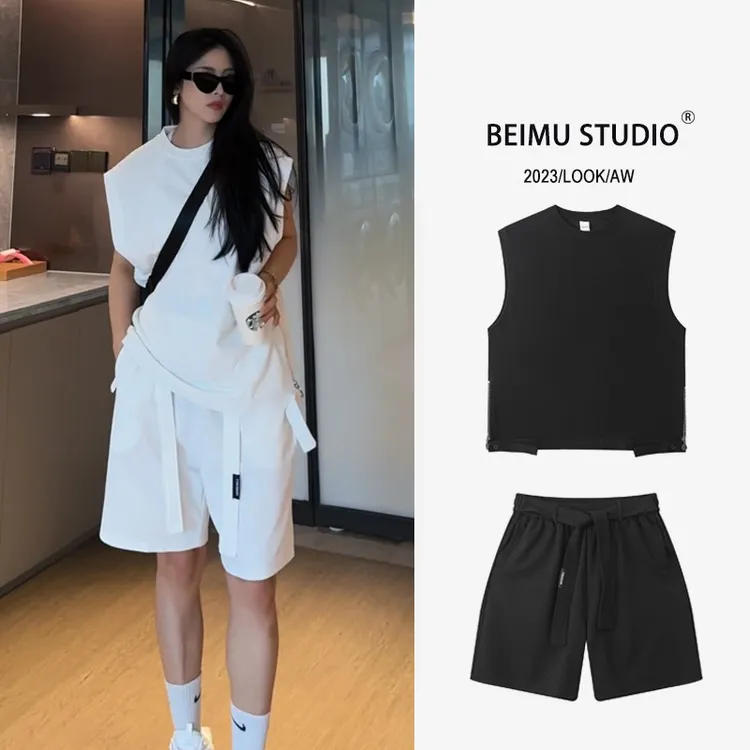 夏季新款纯色休闲运动套装潮流简约时尚百搭情侣款套装FA021