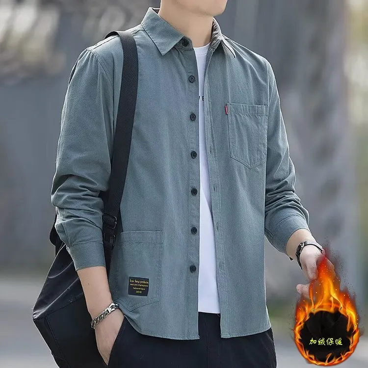 重磅加绒加厚保暖衬衫男士长袖外套秋冬季休闲工装衬衣宽松帅气