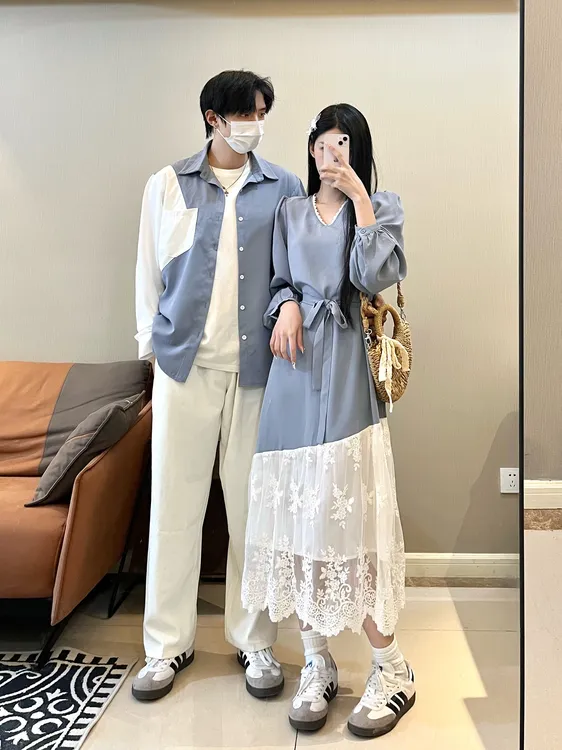 情侣装春秋季小众设计长袖蕾丝拼接女连衣裙男衬衫法式一裙一衣