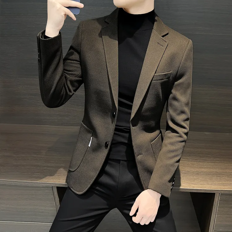 华夫格休闲西装外套男款2025新款高级感男装韩版修身男士格子西服