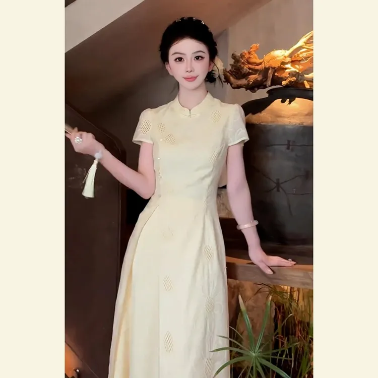 巨好看的夏装一整套简单大方气质高级感新中式国风黄色连衣裙套装