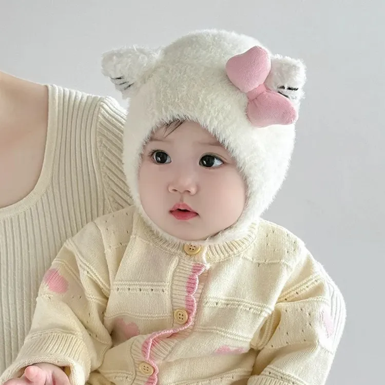 婴幼儿帽子秋冬季保暖加厚针织护耳毛绒帽女宝宝小月龄毛线包头帽