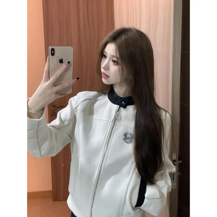 小香风圆领拼色刺绣夹克棒球服短外套女春季新款修身显瘦休闲上衣