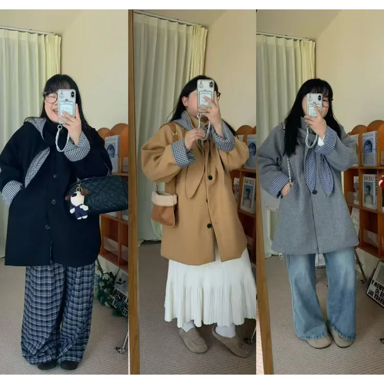 中长款韩版呢大衣秋季学院风厚款拼接毛呢外套连帽