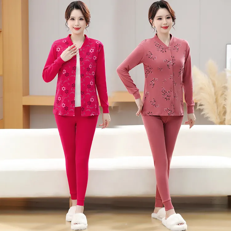 V/雅鹿100%纯棉秋衣秋裤女中老套装开衫大码方便穿脱对襟老人保暖