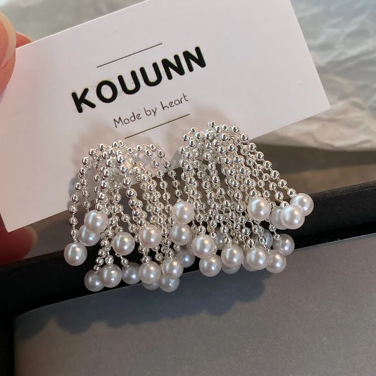 铜合金仿珍珠耳饰 法式流苏烟花珠珠耳环2025新高级感小众耳饰女