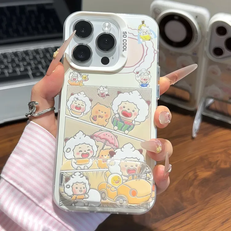 适用苹果16/15pro可爱懒洋洋镜子支架彩银手机壳华为oppovivo小米