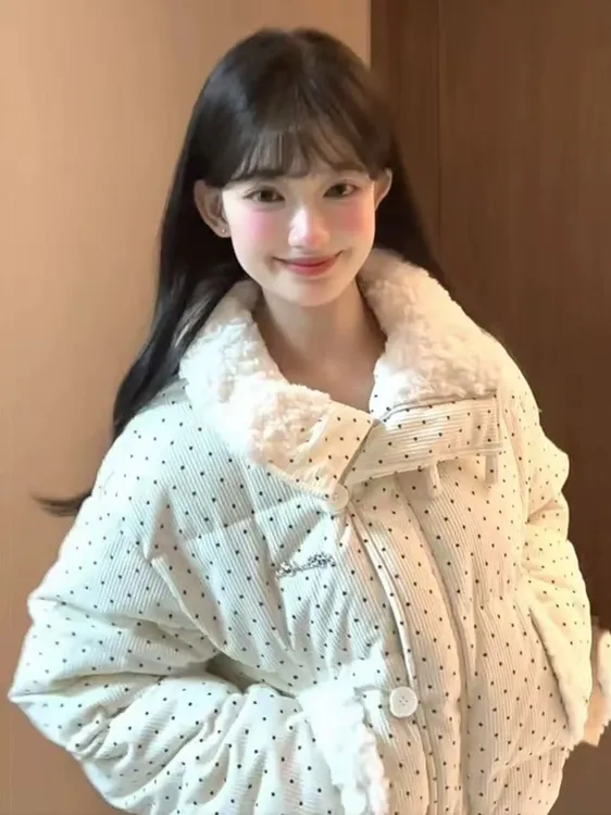 韩系设计波点棉服毛领冬季甜美新款加厚宽松棉袄外套面包短款棉服