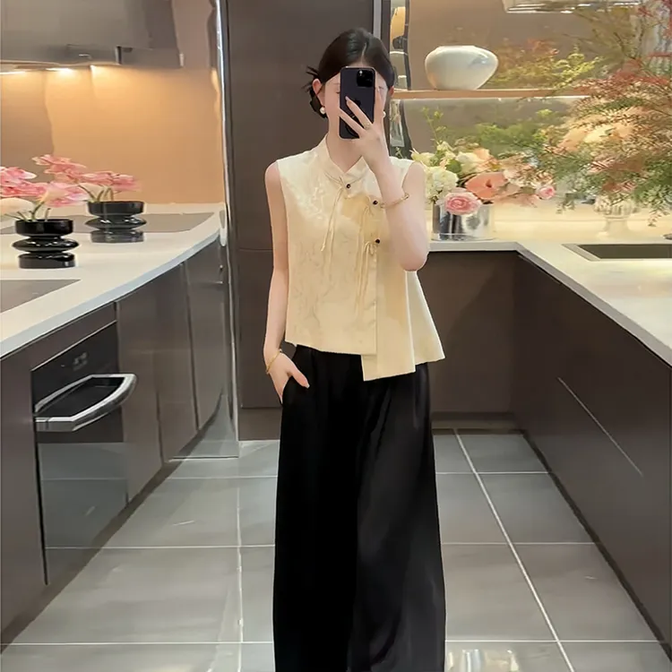 2025夏季爆款两件套女装高级感中式国风无袖马甲上衣阔腿裤一整套